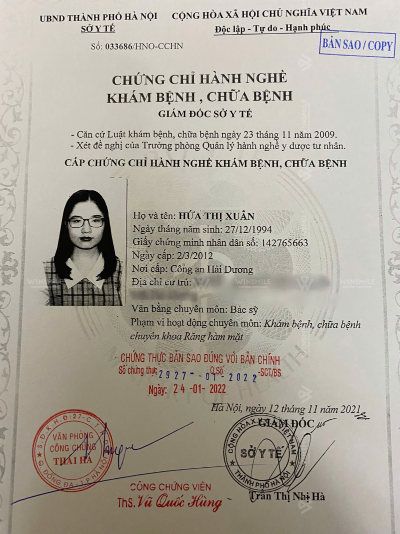 Chứng chỉ hành nghề của bác sĩ Hứa Thị Xuân